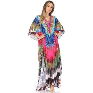 Sakkas Georgettina Flowy Rhinestone‎ V Neck Long Caftan Dress/Cover Up